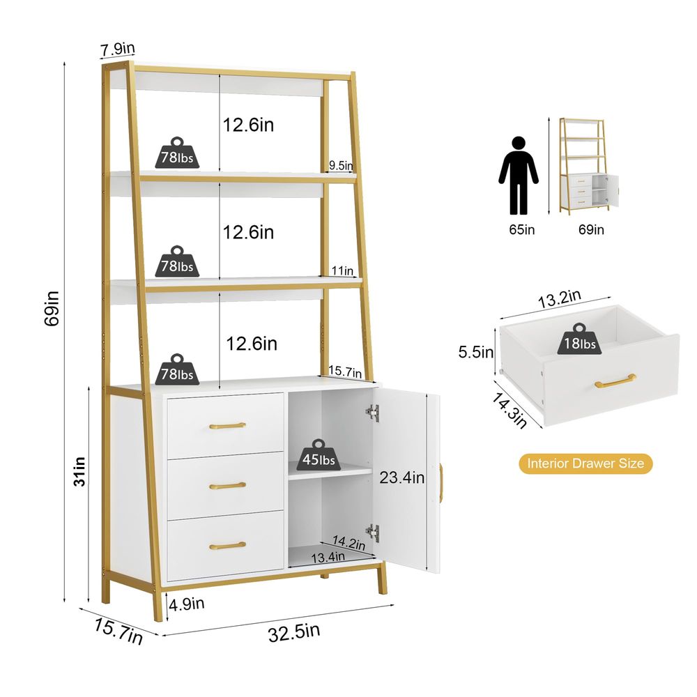 69 Tall Bookshelf, White Gold  - Kitchen Baking Drawer review and price