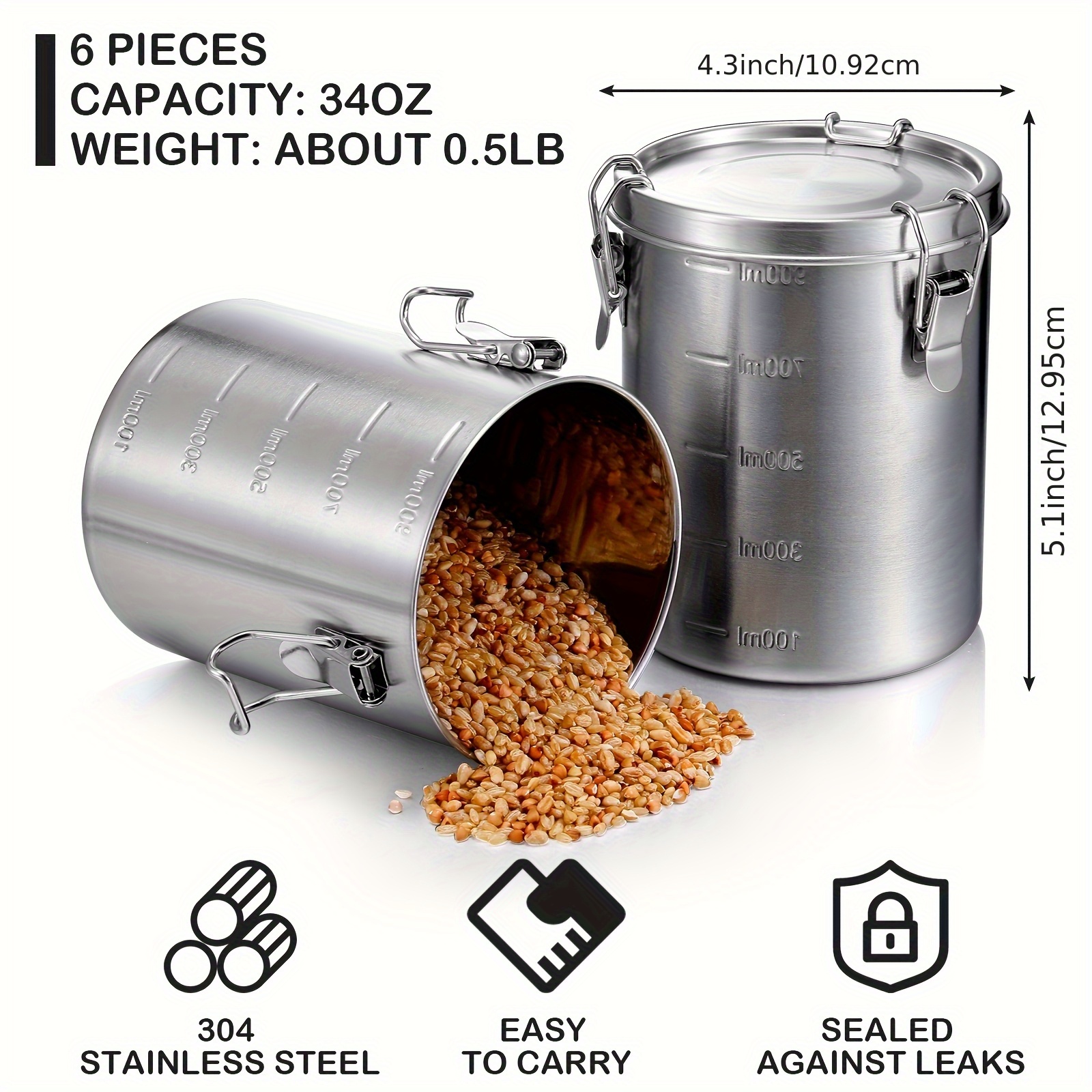 6 Pack 34 Oz Stainless Steel C - Kitchen Baking Canisters review and price